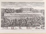 a black and white drawing of a large building surrounded by trees
