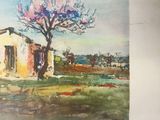 framed watercolor painting of a house and a tree in a field