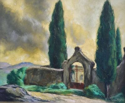 une peinture à l'huile représentant un petit bâtiment avec des arbres en arrière-plan