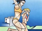 painting of a woman in a bikini and a man in a bathing suit on a beach