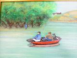tableau représentant deux hommes pêchant dans une petite barque sur un lac