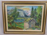 une peinture à l'huile représentant une cabane dans les bois, avec une montagne en arrière-plan
