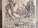 un dessin représentant une femme dans un bus, avec une tour horloge en arrière-plan