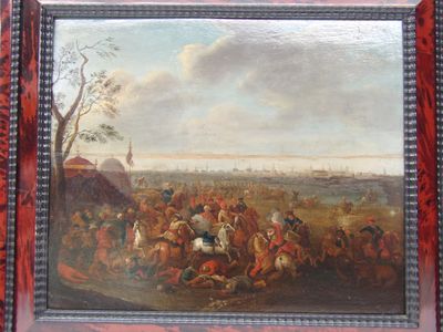 tableau représentant une bataille avec des hommes à cheval