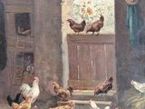 a painting of chickens and chickens in a barn
