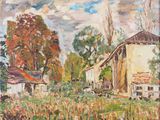 une peinture à l'huile représentant une scène de ferme avec une grange en arrière-plan