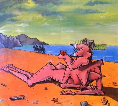 a painting of a man sitting on the beach