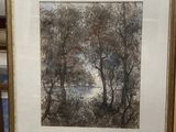 framed picture of a landscape with trees and a body of water