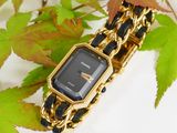 an image of a gold and black watch sitting on top of a leafy branch