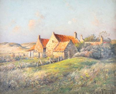 une image représentant un tableau d'une ferme avec une grange en arrière-plan