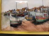 a picture of a painting of boats in a harbor