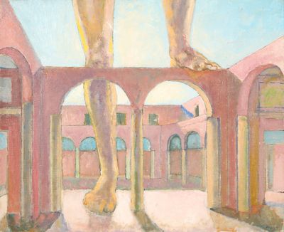 a painting of a person standing on top of a building
