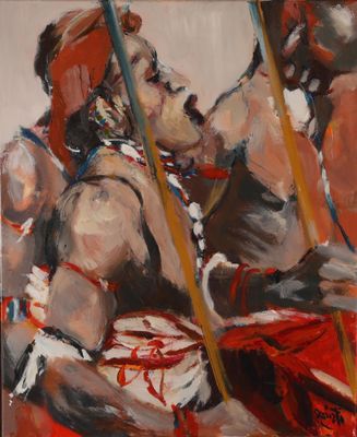 an oil painting of a couple of people in a boat