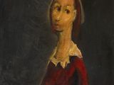 un tableau représentant une femme en robe rouge à col blanc
