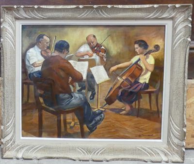 tableau représentant un groupe de personnes jouant de la musique dans une pièce