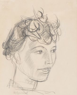 drawing of a woman ' s head with curly hair and a flower in her hair