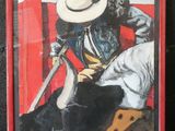 painting of a man in a cowboy hat with a sword in his hand