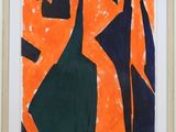 an orange and black abstract painting on a white background