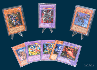 six cards of different colors and designs on a blue background