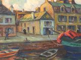 une peinture représentant un bateau sur l'eau, devant un immeuble