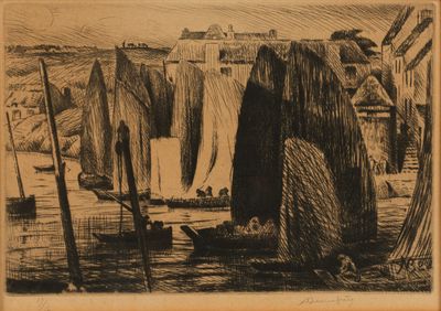 une image représentant un dessin d'un bateau sur un plan d'eau, avec un château en arrière-plan