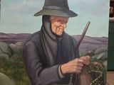 painting of an old woman with a hat holding a basket of flowers