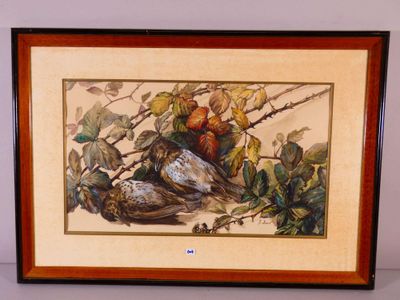 painting of two birds on a branch of a tree with leaves