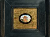 a painting of a building in a black frame with a gold border