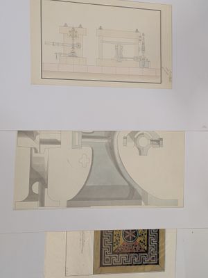 several drawings of a bathroom with a toilet, sink, and bathtub