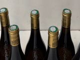 bottles of wine are lined up in a row on a counter