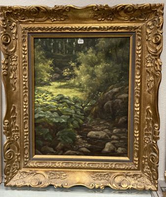 une peinture à l'huile représentant une scène forestière avec des rochers et des arbres