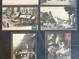 several old black and white photos of people and horses in a town
