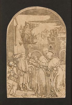 an old drawing of a man handing something to a woman