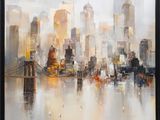 an oil painting of a cityscape with a bridge in the foreground