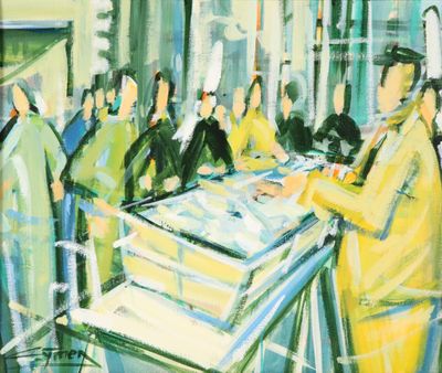 un tableau représentant un groupe de personnes debout autour d'une table