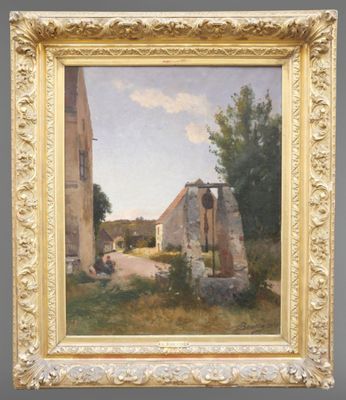 une peinture à l'huile représentant une scène de campagne avec une grange et une route