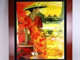 painting of a woman in a red dress sitting on a bench