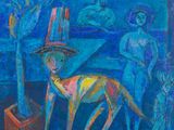 un tableau représentant un chien debout sur une table
