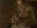 un tableau représentant une femme assise sur une chaise, tenant un bébé dans ses bras