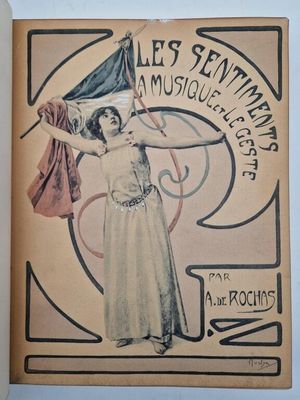 an old book with a drawing of a woman holding a flag
