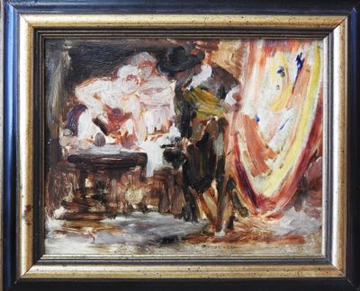 an oil painting of a man riding a horse in front of a flag