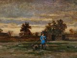 painting of a woman with a dog in a field with a barn in the background