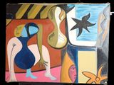 un tableau représentant une femme avec une guitare et un oiseau