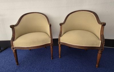 pair of french louis xvi style armchairs with upholstered arms