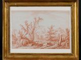 un tableau représentant un paysage avec des arbres au premier plan