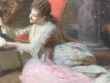 a painting of a woman sitting in a chair reading a book