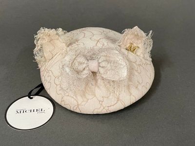 cream lace cat hat with bow and lace trim