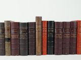 plusieurs vieux livres sont alignés sur une surface blanche