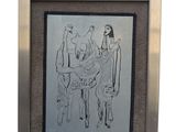 dessin représentant un groupe de personnes debout autour d'une table dans une pièce
