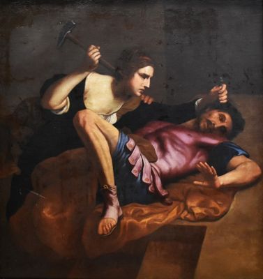 tableau représentant un homme allongé sur un lit, un couteau à la main